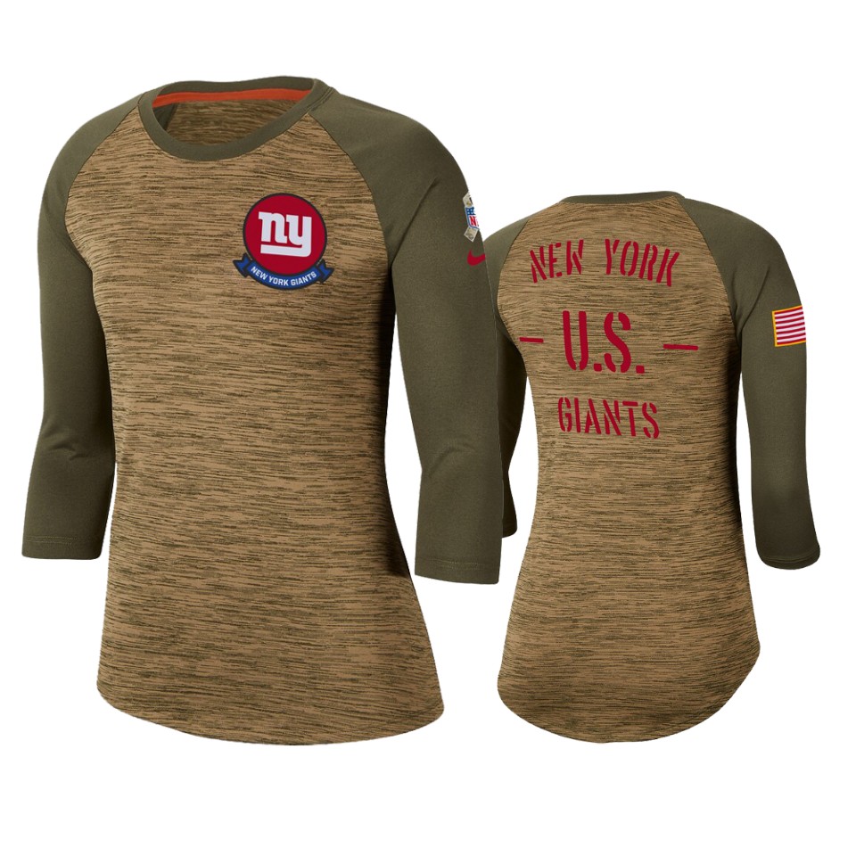 Women's New York Giants Khaki 2019 Salute to Service Legend Scoopneck Raglan 3/4 Sleeve T-Shirt(Run Small)